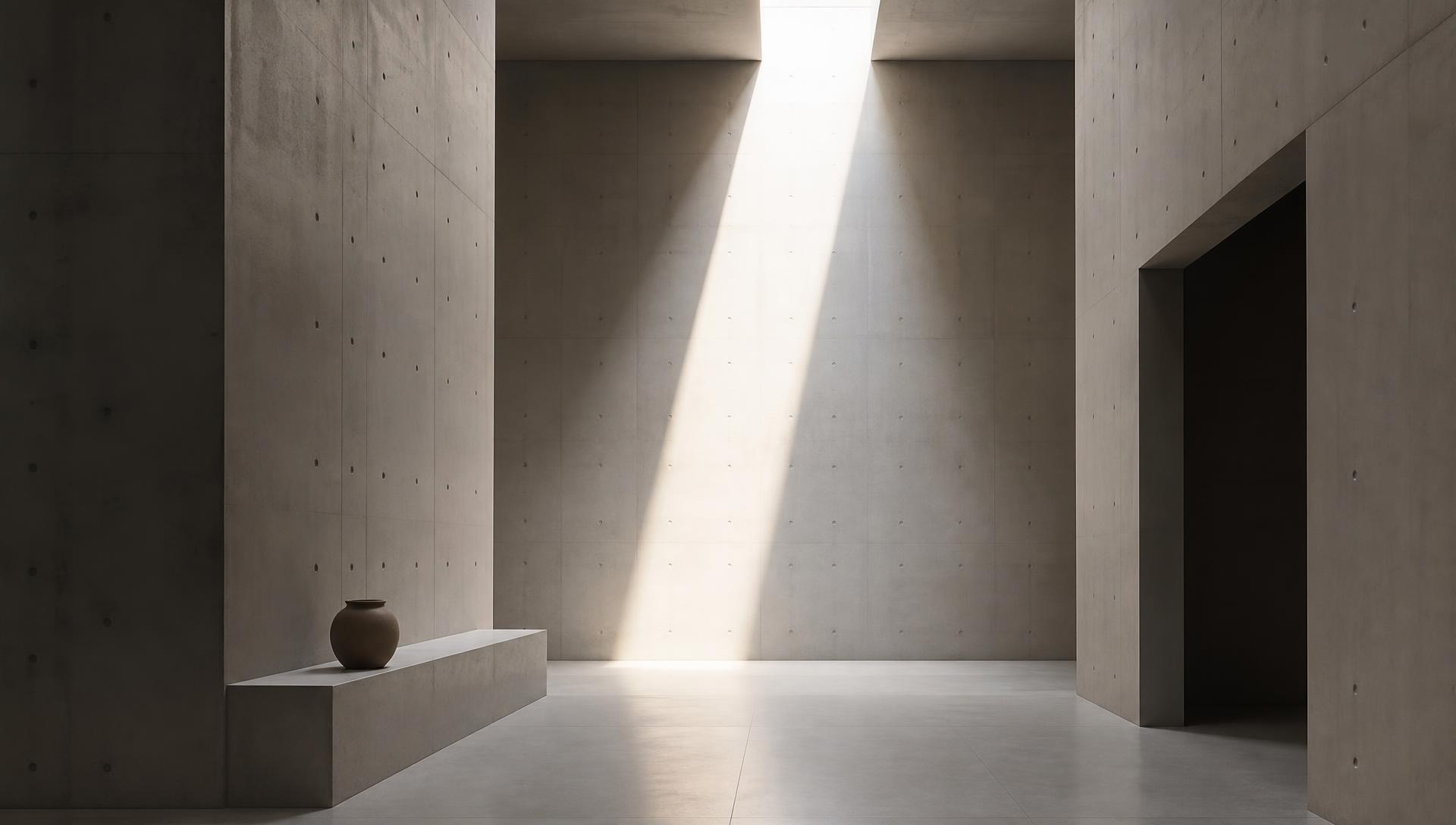Intérieur minimaliste en béton avec un puits de lumière